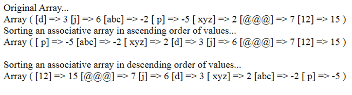 The Output of the Examples of Built-in Functions of Arrays in PHP - asort()  and arsort() functions   
