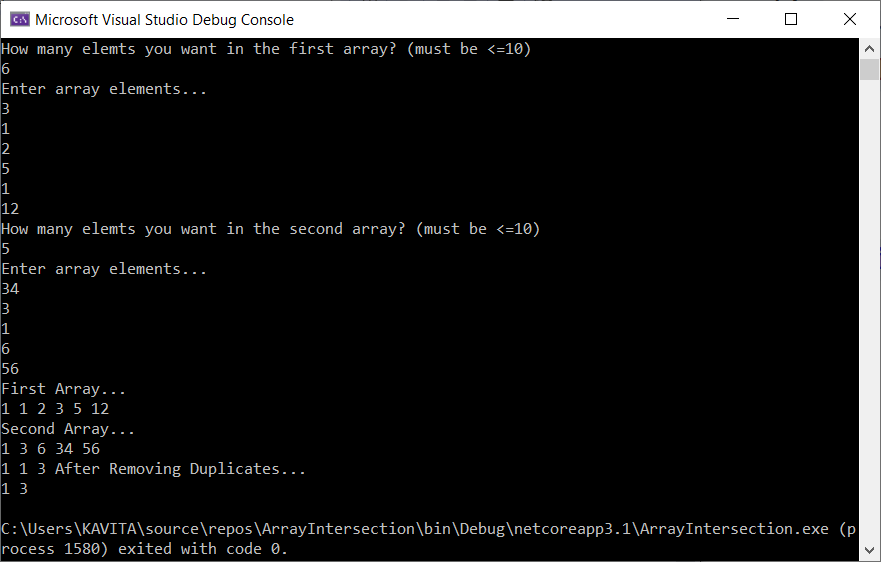 Output of Program to Find Intersection Using Arrays in C#
