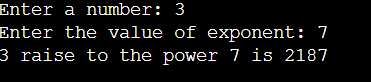 The Output of the Program to Find power of a number using for loop.