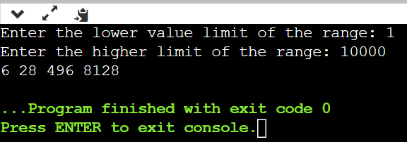 The Output of the Program to Display All Perfect Numbers in the Given Range in C