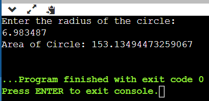 The Output of Program to Compute and Display Area of a Circle in Java