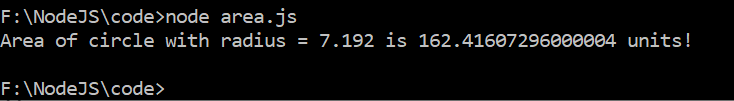 The Output of the Program to Find the Area of a Circle Using NodeJS