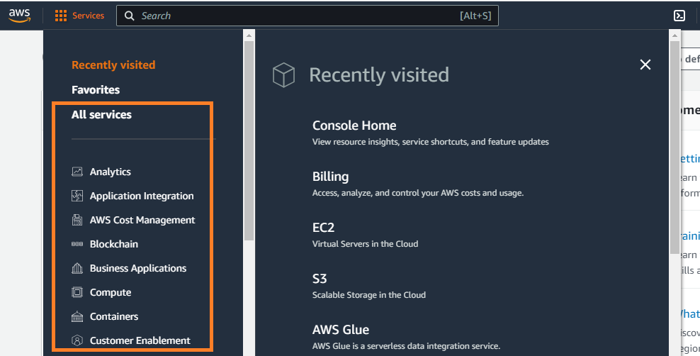 Navigation Menu in AWS Console