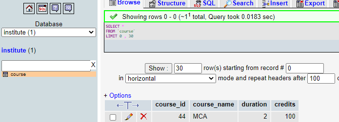 Inserting a Record in a Database Table Using MySQLi in PHP is shown in phpMyAdmin