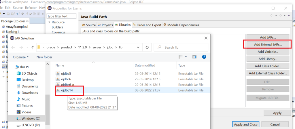 Adding ojdbc14.jar file in the JDBC project