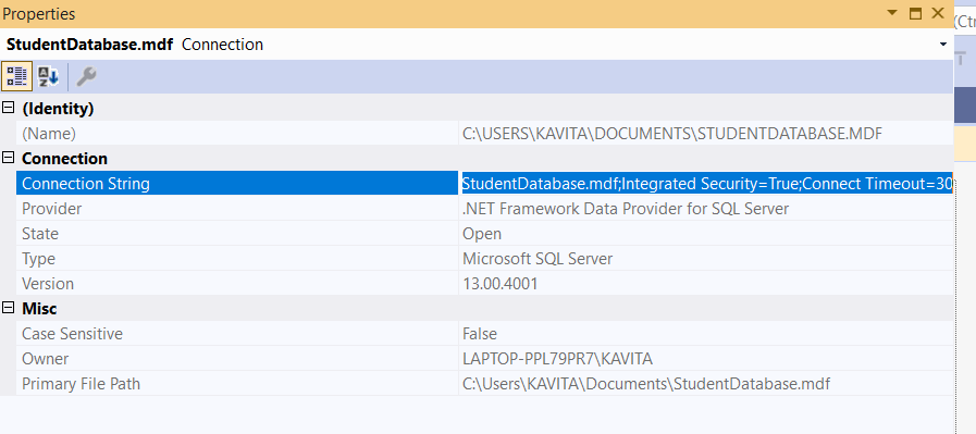 Connection String for the Database